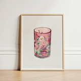 Hand Painted Glass - Ralph Atkinson Art Print / Canvas Pink Candle Holder Delicate White Daisies Green Hand-painted, Decorative, Bygone Era