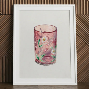 Hand Painted Glass - Ralph Atkinson Art Print / Canvas Pink Candle Holder Delicate White Daisies Green Hand-painted, Decorative, Bygone Era