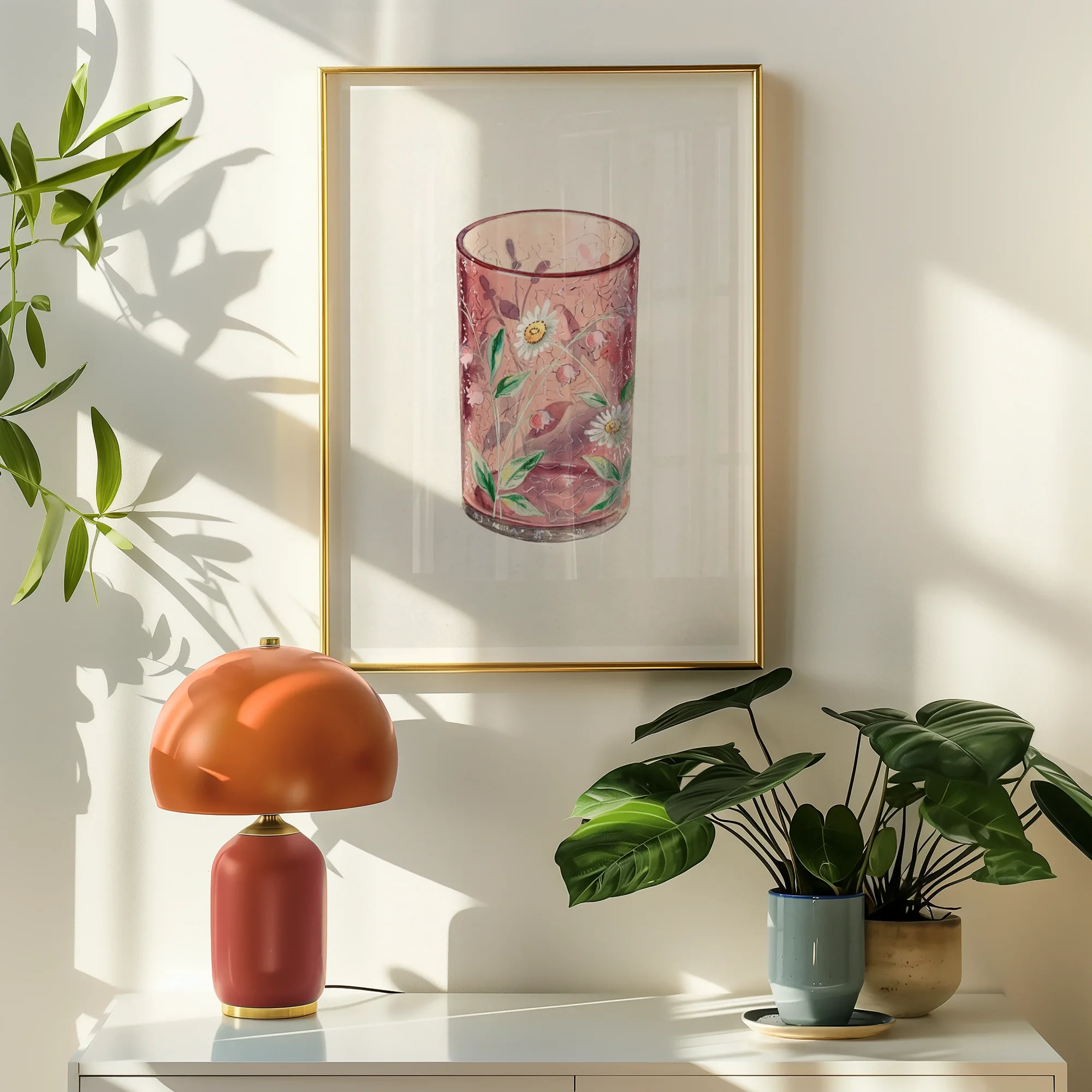 Hand Painted Glass - Ralph Atkinson Art Print, Framed Artwork Pink Glass Floral Designs