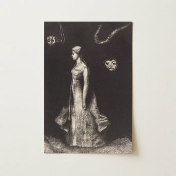 Black-and-white Charcoal Sketch Print Woman Gown Surrounded Eerie Art, Odilon Redon, Three Things, Wall