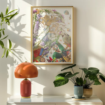 Hanuman the Handyman - Monkey God Carnival Art Print Framed Abstract Artwork Colorful Patterns Shapes Golden Clad, Defying Gravity’s Chains