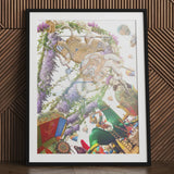 Hanuman the Handyman - Monkey God Carnival Art Print Framed Artwork Vibrant Surreal Scene Golden White Figures Clad, Defying Gravity’s
