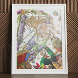 Hanuman the Handyman - Monkey God Carnival Art Print Vibrant Framed Artwork Whimsical Scene Golden White Figures Clad, Defying Gravity’s
