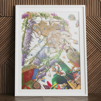 Hanuman the Handyman - Monkey God Carnival Art Print Vibrant Framed Artwork Whimsical Scene Golden White Figures Clad, Defying Gravity’s