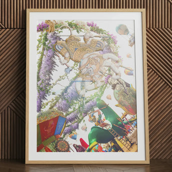 Hanuman the Handyman - Monkey God Carnival Art Print Vibrant Framed Artwork Whimsical Scene Golden White Figures Clad, Defying Gravity’s