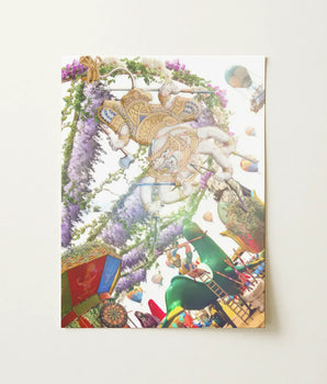 Vibrant Whimsical Art Print Golden Ornate Elephant Amidst Clad Monkey, God Carnival, Defying Gravity’s Chains