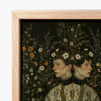 Harold & Claude - Netherlandish Gay Twins Art Print / Canvas Framed Artwork Two Figures Floral Crowns Dark Background, Prints