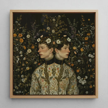 Harold & Claude - Netherlandish Gay Twins Art Print / Canvas Square-framed Artwork Two Figures Floral Attire Surrounded Dense, Prints