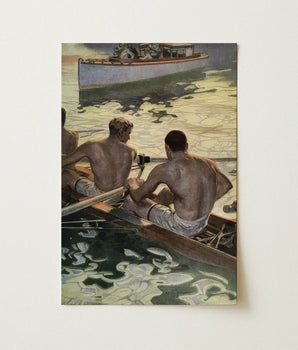 Vintage-style Illustration Print Three Shirtless Men Wooden Boat Race, Harvard-yale, Cotton Shorts, Scene, Backward, White, Shoulder Blades