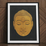 Head of Buddha - Reijer Stolk Graphic Art Print / Canvas Framed Artwork Golden Buddha Head Closed Eyes Serene Reijer Stolk, Woodcut Head,