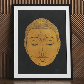 Head of Buddha - Reijer Stolk Graphic Art Print / Canvas Framed Artwork Golden Buddha Head Closed Eyes Serene Reijer Stolk, Woodcut Head,