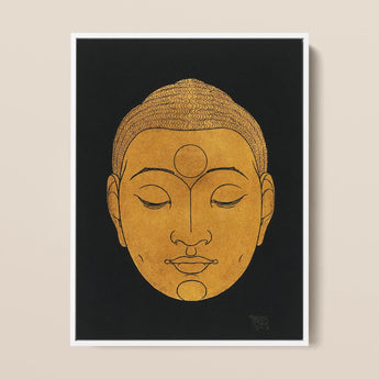 Head of Buddha - Reijer Stolk Graphic Art Print / Canvas Golden Buddha Head Artwork Intricate Wave-patterned Hair Serene Reijer Stolk,
