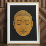 Head of Buddha - Reijer Stolk Graphic Art Print / Canvas Golden Buddha Head Artwork Light Wood Frame Reijer Stolk, Woodcut Head, Invites