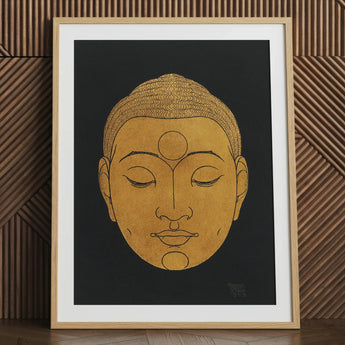Head of Buddha - Reijer Stolk Graphic Art Print / Canvas Golden Buddha Head Artwork Light Wood Frame Reijer Stolk, Woodcut Head, Invites