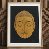 Head of Buddha - Reijer Stolk Graphic Art Print / Canvas Golden Artwork Light Wood Frame, Woodcut, Invites Prints