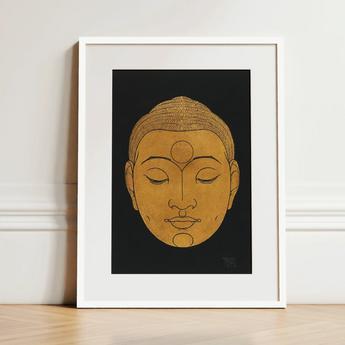Head of Buddha - Reijer Stolk Graphic Art Print / Canvas Golden Buddha Head Artwork White Frame Reijer Stolk, Woodcut Head, Invites