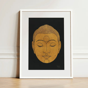 Head of Buddha - Reijer Stolk Graphic Art Print / Canvas Golden Artwork White Frame, Woodcut, Invites Prints