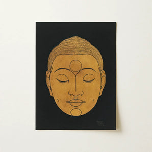 Head of Buddha - Reijer Stolk Graphic Art Print / Canvas Golden Face Black, Woodcut, Invites Prints