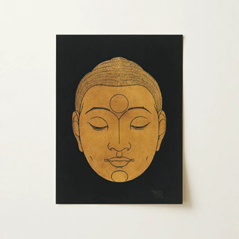 Head of Buddha - Reijer Stolk Graphic Art Print / Canvas Golden Buddha Face Print Black Canvas Reijer Stolk, Woodcut Head, Invites