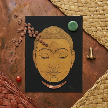 Head of Buddha - Reijer Stolk Graphic Art Print / Canvas Golden Buddha Face Illustration Black Paper Adorned Copper Reijer Stolk, Woodcut