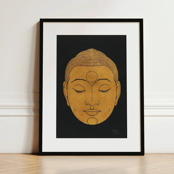 Head of Buddha - Reijer Stolk Graphic Art Print / Canvas Minimalist Black-framed Serene Golden, Woodcut, Invites Prints