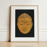 Head of Buddha - Reijer Stolk Graphic Art Print / Canvas Minimalist Gold Buddha Head Artwork Light Wood Frame Reijer Stolk, Woodcut Head,