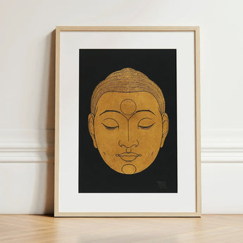 Head of Buddha - Reijer Stolk Graphic Art Print / Canvas Minimalist Gold Artwork Light Wood Frame, Woodcut, Invites Prints