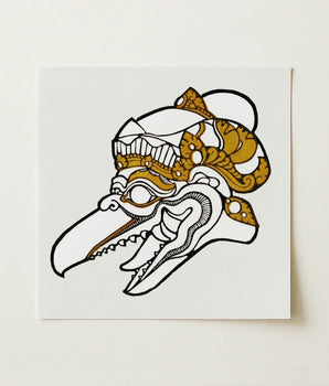 Stylized White Gold Ornate Skull Illustration Intricate Reijer Stolk’s Head, Garuda Woodcut Print, Stolk Graphic