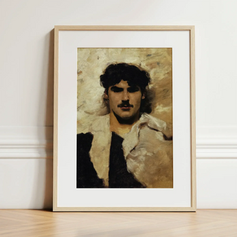 Head of a Male Model - John Singer Sargent Art Print / Canvas Framed Portrait Man Dark Curly Hair Mustache Depicted John Singer Sargent,