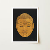 Head of Buddha - Reijer Stolk Graphic Art Print / Canvas Golden Face Intricate Hair Serene Expression, Woodcut, Invites Prints