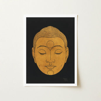 Head of Buddha - Reijer Stolk Graphic Art Print / Canvas Golden Face Intricate Hair Serene Expression, Woodcut, Invites Prints