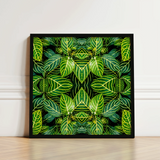 Square-framed Artwork Symmetrical Kaleidoscopic Pattern Vibrant Green Leaves Trippy Fractal Leaf, Print, Verdant Vortex