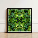 Square-framed Artwork Vibrant Symmetrical Pattern Green Leaves Yellow Trippy Fractal Leaf, Kaleidoscopic Print, Verdant Vortex