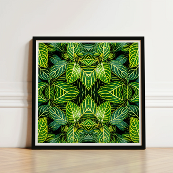 Square-framed Artwork Vibrant Symmetrical Pattern Green Leaves Yellow Trippy Fractal Leaf, Kaleidoscopic Print, Verdant Vortex