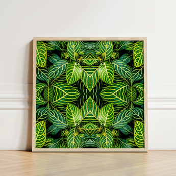 Square-framed Artwork Vibrant Symmetrical Pattern Green Leaves Yellow Trippy Fractal Leaf, Kaleidoscopic Print, Verdant Vortex