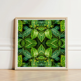 Square-framed Artwork Vibrant Symmetrical Pattern Green Leaves Yellow Trippy Fractal Leaf, Kaleidoscopic Print, Verdant Vortex