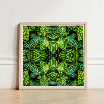 Square-framed Artwork Vibrant Symmetrical Pattern Green Leaves Yellow Trippy Fractal Leaf, Kaleidoscopic Print, Verdant Vortex