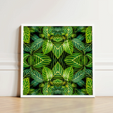 Framed Artwork Symmetrical Kaleidoscopic Pattern Vibrant Green Leaves Trippy Fractal Leaf, Print, Verdant Vortex