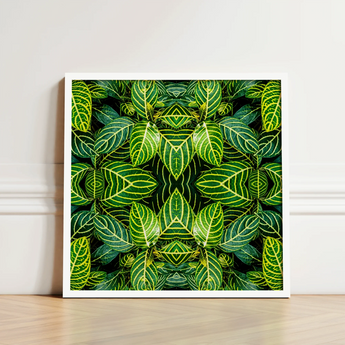 Framed Artwork Symmetrical Kaleidoscopic Pattern Vibrant Green Leaves Trippy Fractal Leaf, Print, Verdant Vortex