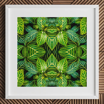 Just the Headlines - Trippy Fractal Leaf Art Print / Canvas Framed Artwork Symmetrical Kaleidoscopic Pattern Green Leaves Vibrant, Verdant