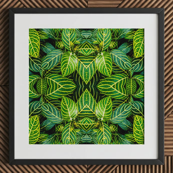 Just the Headlines - Trippy Fractal Leaf Art Print / Canvas Framed Botanical Symmetrical Kaleidoscopic Pattern Green Leaves, Verdant Vortex