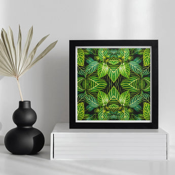 Just the Headlines - Trippy Fractal Leaf Art Print / Canvas Framed Symmetrical Artwork Vibrant Green Tropical Leaves Kaleidoscopic, Verdant