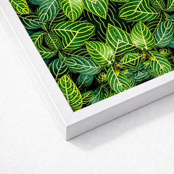 White-framed Artwork Vibrant Close-up Green Leaves Yellow Veins Trippy Fractal Leaf, Kaleidoscopic Print, Verdant Vortex