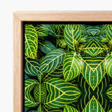 Wood-framed Canvas Print Vibrant Symmetrical Pattern Green Leaves Trippy Fractal Leaf, Kaleidoscopic, Verdant Vortex