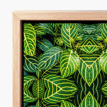 Wood-framed Canvas Print Vibrant Symmetrical Pattern Green Leaves Trippy Fractal Leaf, Kaleidoscopic, Verdant Vortex