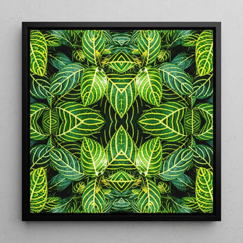 Just the Headlines - Trippy Fractal Leaf Art Print / Canvas Square-framed Artwork Vibrant Symmetrical Kaleidoscopic Pattern Green Leaves,