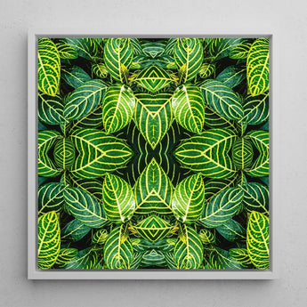 Just the Headlines - Trippy Fractal Leaf Art Print / Canvas Square-framed Artwork Vibrant Symmetrical Pattern Green Leaves Yellow,