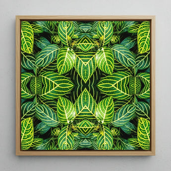 Just the Headlines - Trippy Fractal Leaf Art Print / Canvas Square-framed Artwork Vibrant Symmetrical Pattern Green Leaves Yellow,