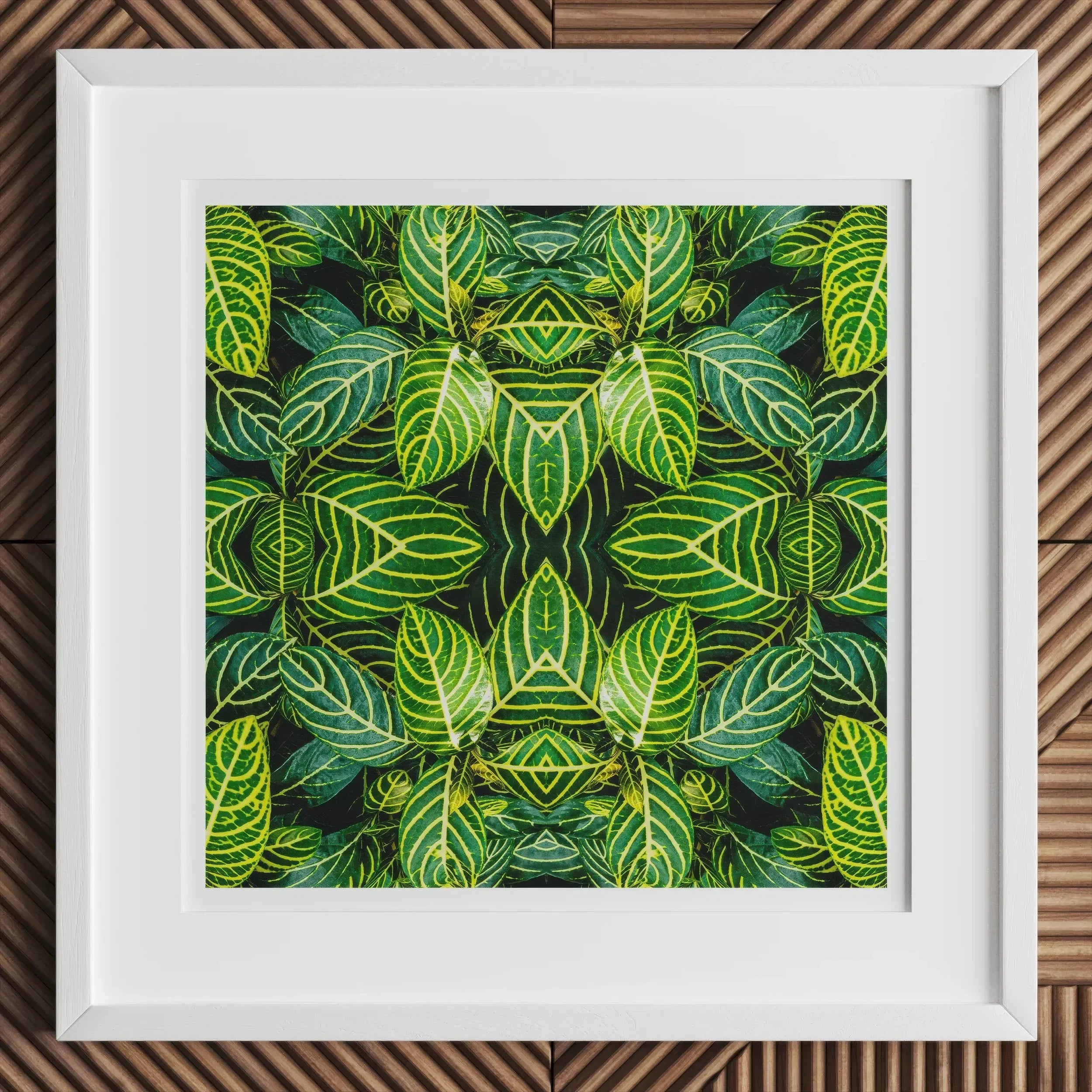 Just the Headlines Trippy Fractal Leaf Art Print, Framed Botanical Print Symmetrical Pattern Vibrant Green Leaves