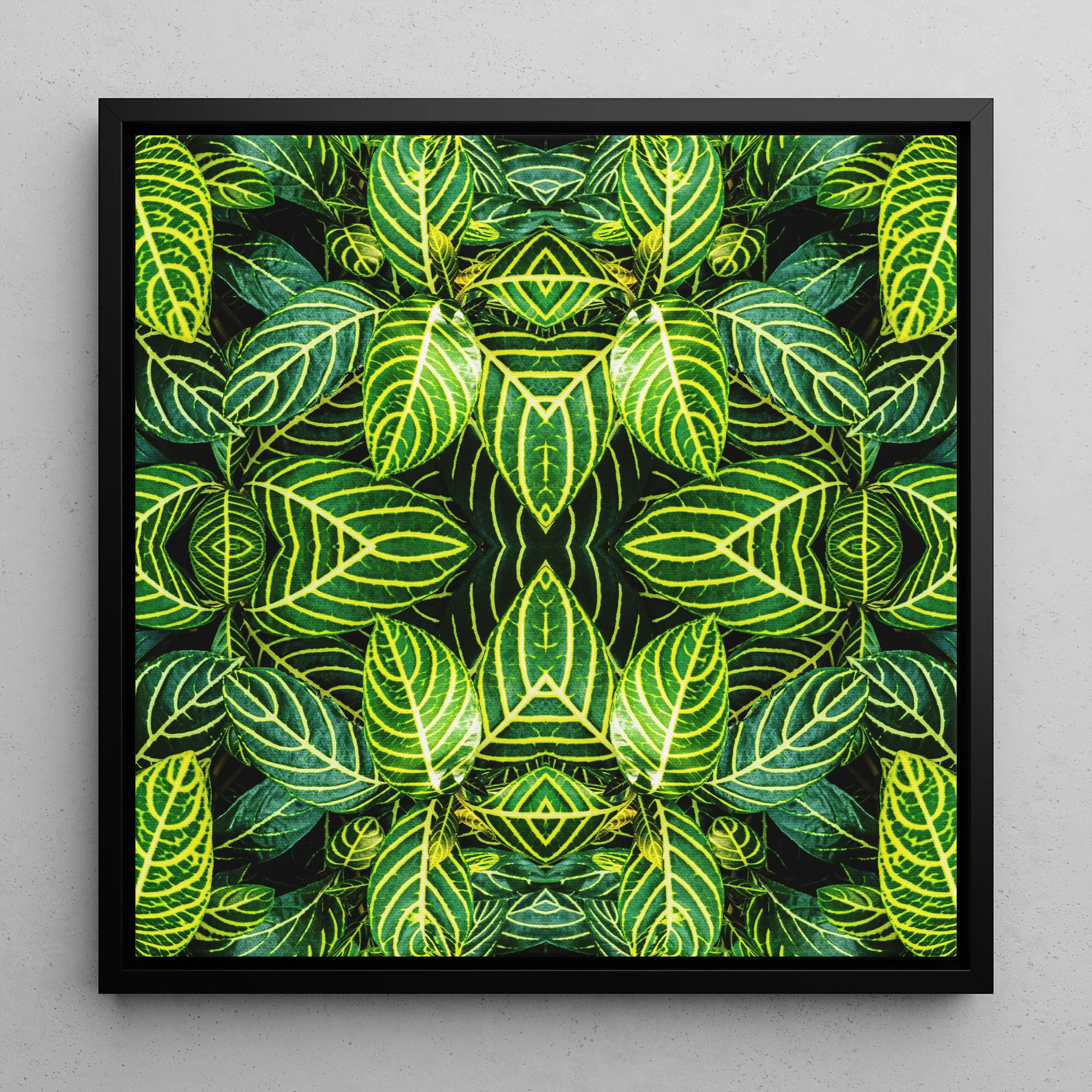 Just the Headlines Trippy Fractal Leaf Framed Canvas, Symmetrical Kaleidoscopic Pattern Vibrant Green Tropical Leaves